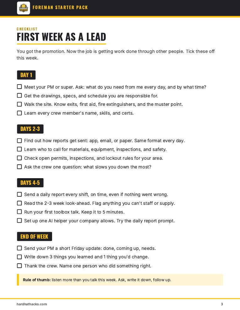 First week as a lead checklist page