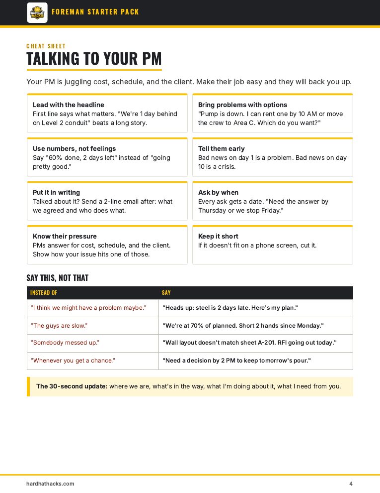 Talking to your PM cheat sheet page